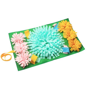 Multicolored 3D snuffle mat for dogs, 18 by 30 inches, with layered fleece folds for hiding kibble during nose work