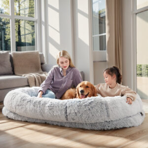 Human Dog Bed – Orthopedic Faux Fur Lounger with Pillow & Blanket, XL