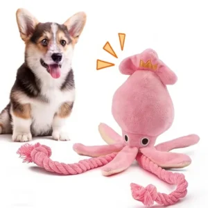 Plush Octopus Dog Toy with Squeaky Rope Legs, Soft Pink Fleece Chew Toy