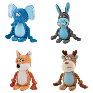 Plush Squeaky Dog Toy, Soft Fleece Elephant, Fox, Elk and Donkey Toys for Small Dogs